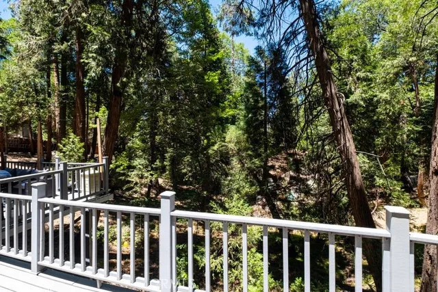 a view of a wooden deck and a forest