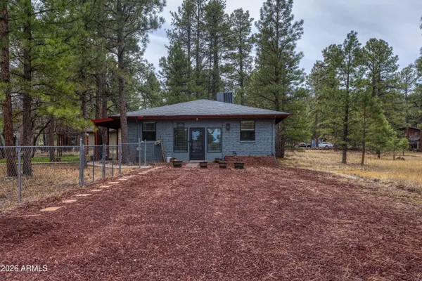 a view of a house with backyard and trees