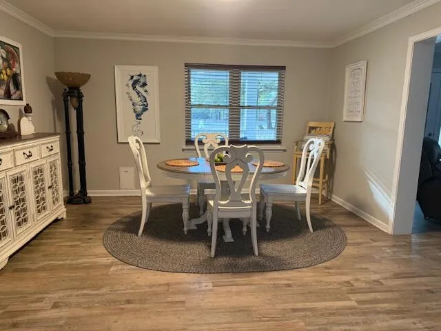 a view of a dining room with furniture a rug and wooden floor