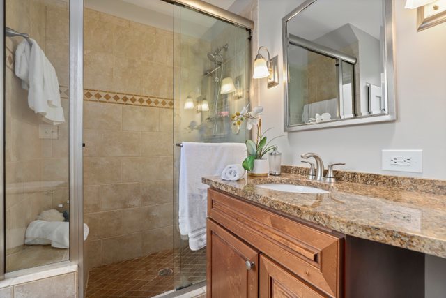 309 East Avenue Park Ridge, IL 60068 - Photo 22 of 32 a bathroom with a granite countertop sink a mirror and shower