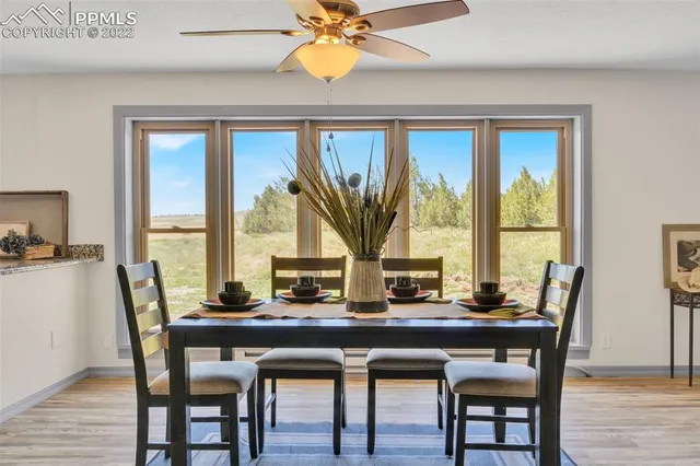 a view of a dining room with furniture window and wooden floor