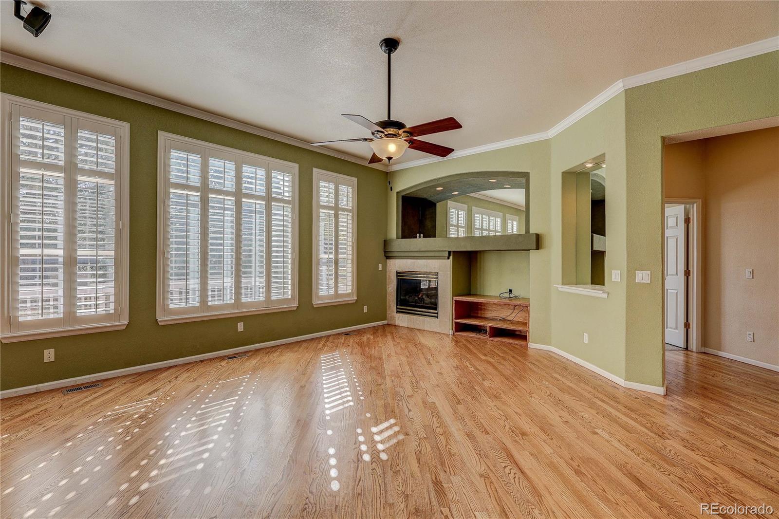 10292 South Nickolas Avenue Highlands Ranch, CO 80124 - Photo 7 of 46 a view of a livingroom with a fireplace a ceiling fan and windows