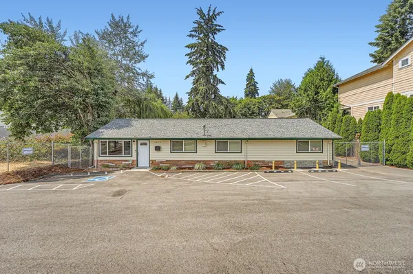 front view of a house with a patio