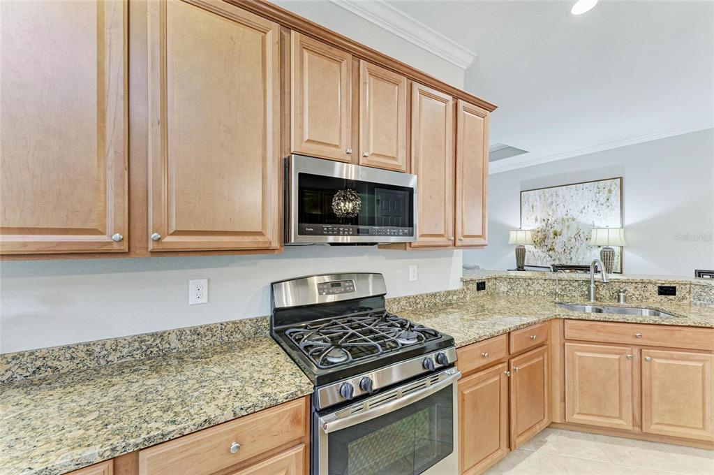 13117 Ramblewood Trail Lakewood Ranch, FL 34211 - Photo 24 of 76 a kitchen with granite countertop a stove sink and cabinets