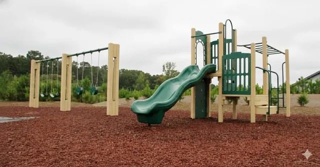 a view of a garden with a slide