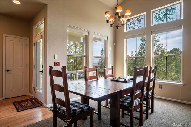 a view of a dining room with furniture window and outside view