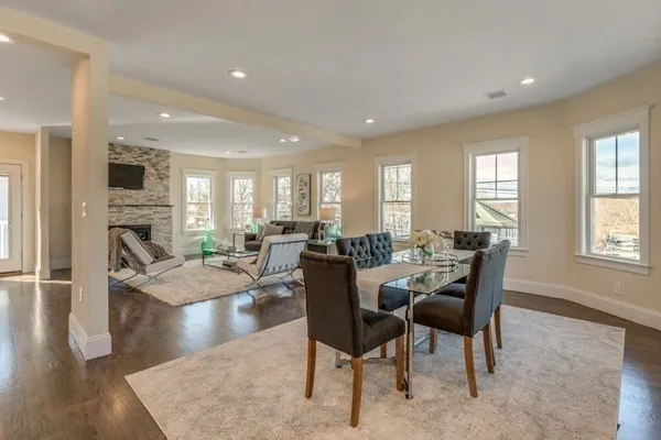 a view of a dining room with furniture