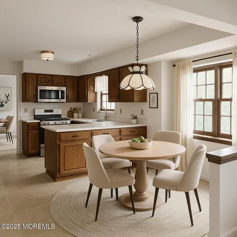 a kitchen with stainless steel appliances granite countertop a stove a sink a table and chairs