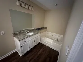 a bathroom with a granite countertop sink and a mirror