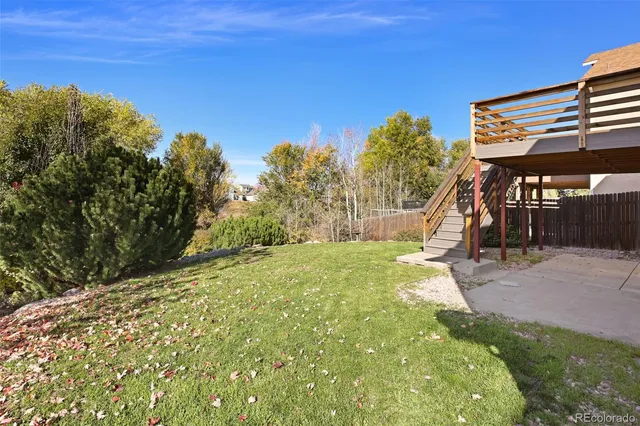 a view of a backyard with plants and a patio