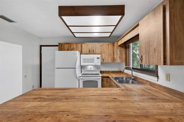 a kitchen with a refrigerator and a sink