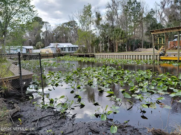 a garden view with a seating space