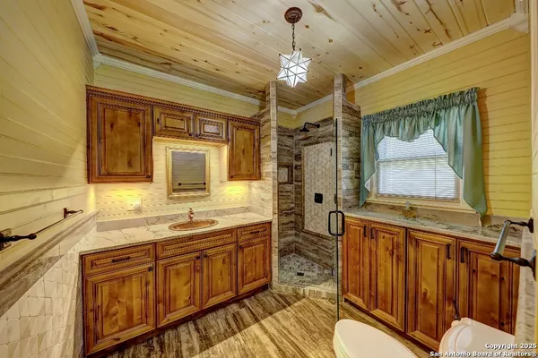 a bathroom with a sink a mirror a vanity and a shower