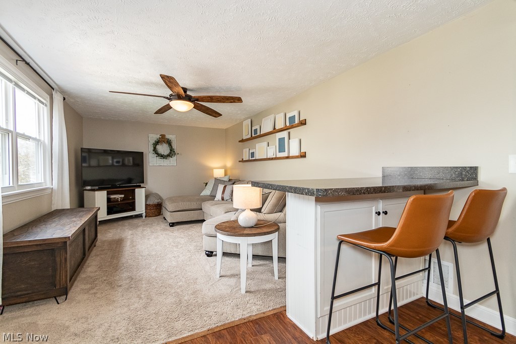 3080 Gale Road Willoughby, OH 44094 - Photo 14 of 45 Living room with carpet floors, ceiling fan, and a textured ceiling