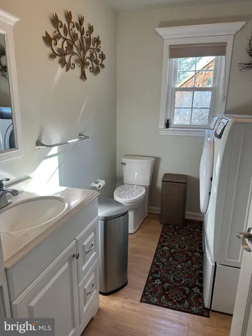 a bathroom with a sink toilet and window