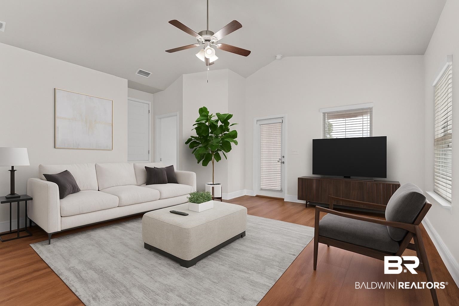 1464 Surrey Loop Foley, AL 36535 - Photo 9 of 24 Living room with vaulted ceiling, light wood-style floors, and ceiling fan