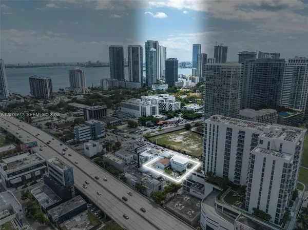a city view with tall buildings