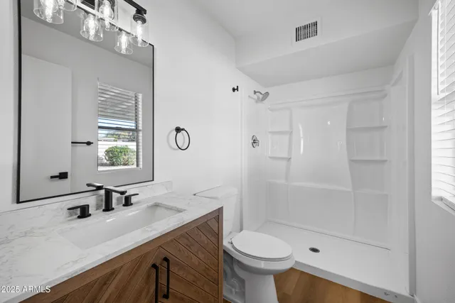 a bathroom with a sink a toilet and shower