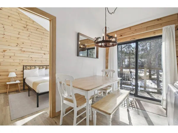 a bedroom with a bed and a table