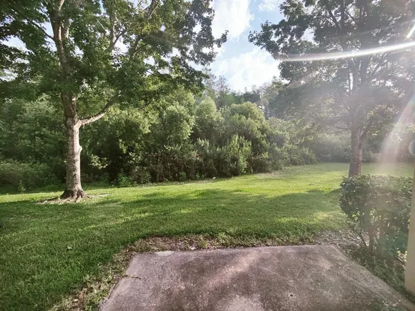 a view of a white house with a large tree and yard