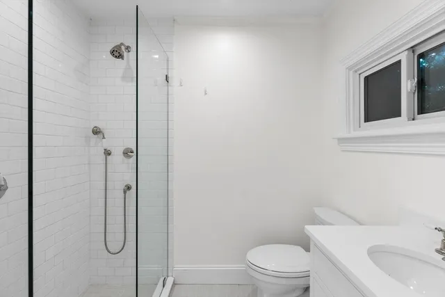 a bathroom with a toilet sink vanity and shower