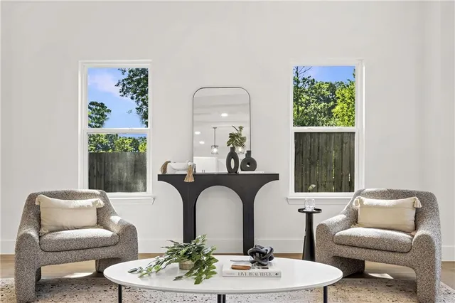 a living room with furniture flowerpot and window
