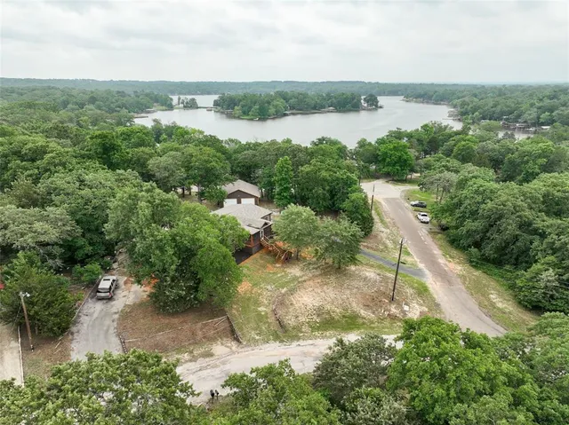 an aerial view of green landscape with trees houses and lake view