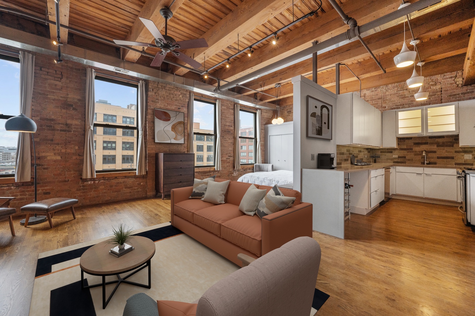 400 South Green Street, Unit 406 Chicago, IL 60607 - Photo 7 of 19 a living room with furniture wooden floor and kitchen view