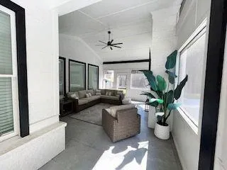 a living room with furniture potted plant and a window