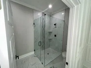 a bathroom with a shower and toilet