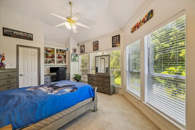 a view of a lake with a garden and houses