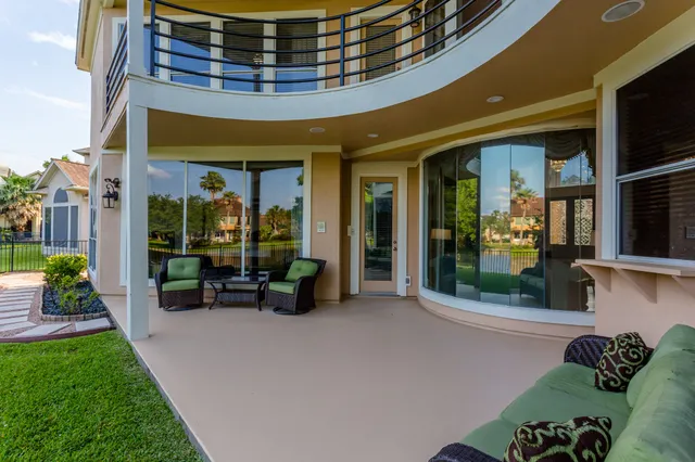 a garden view with a seating space