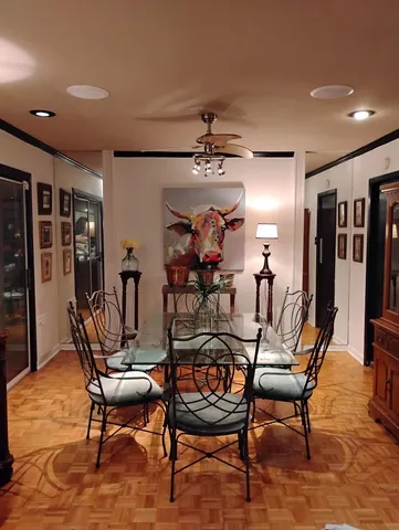 a view of a dining room with furniture