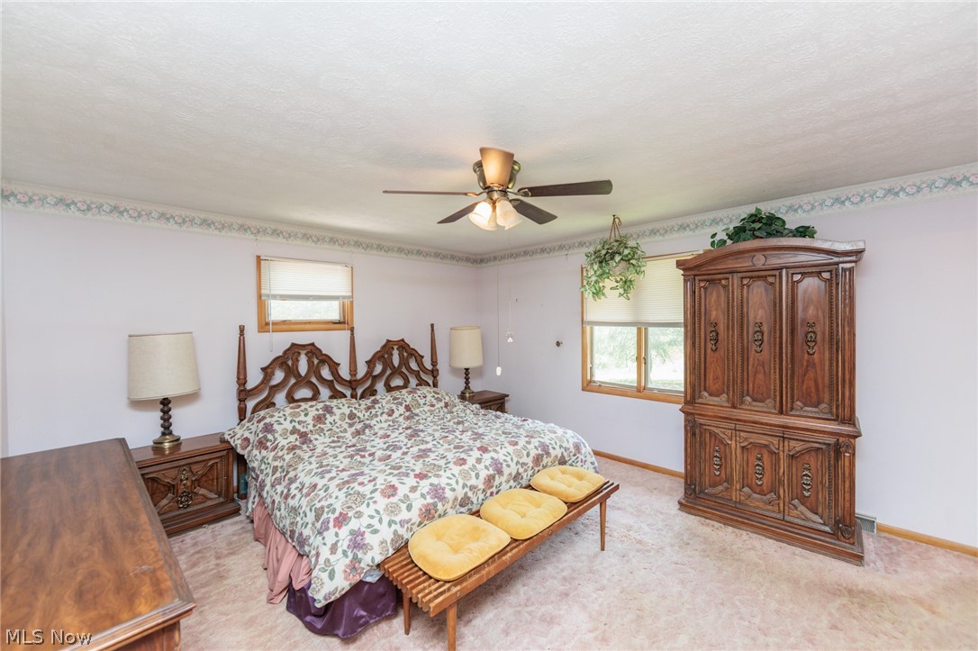 2170 Norton Road Stow, OH 44224 - Photo 40 of 48 Spacious room featuring light lavender walls, a textured ceiling, two large windows, and a ceiling fan with integrated lighting