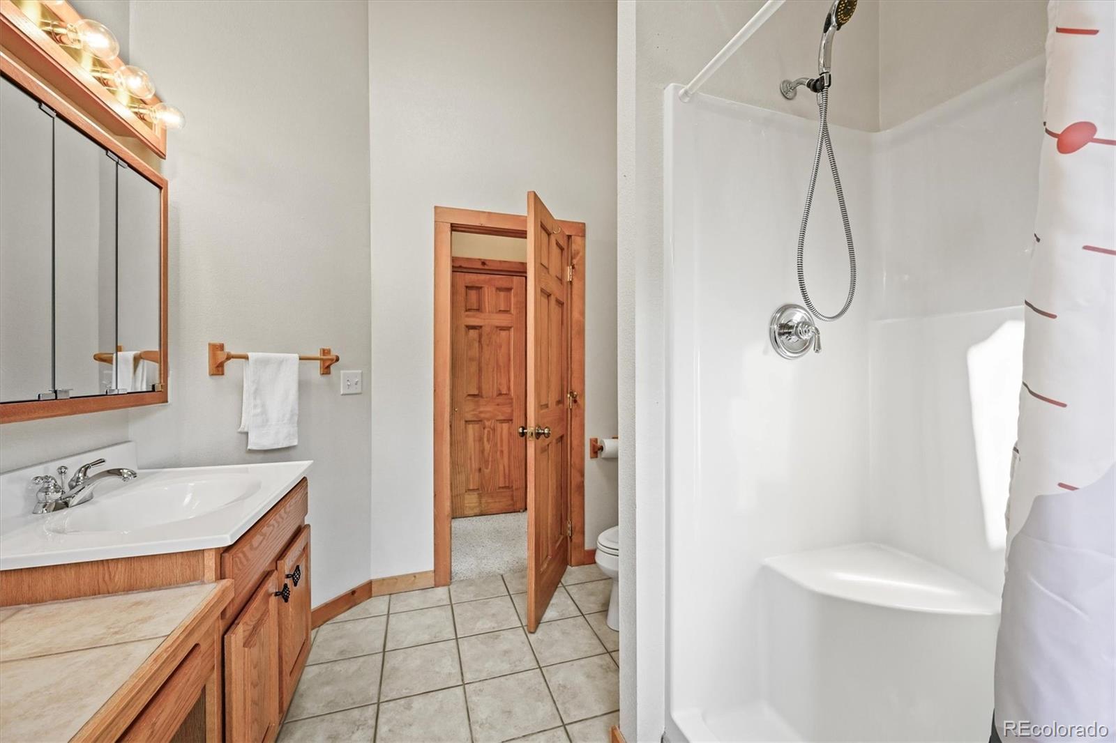 9868 South Overlook Road Sedalia, CO 80135 - Photo 36 of 50 a bathroom with a shower sink vanity and mirror
