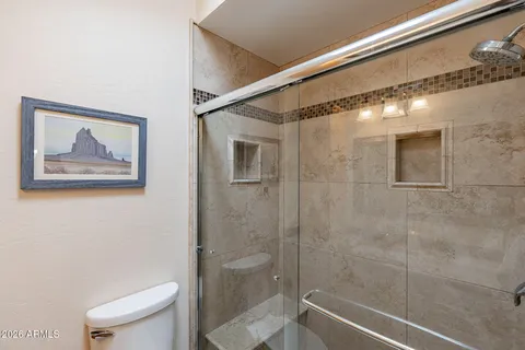 a bathroom with a shower and a toilet
