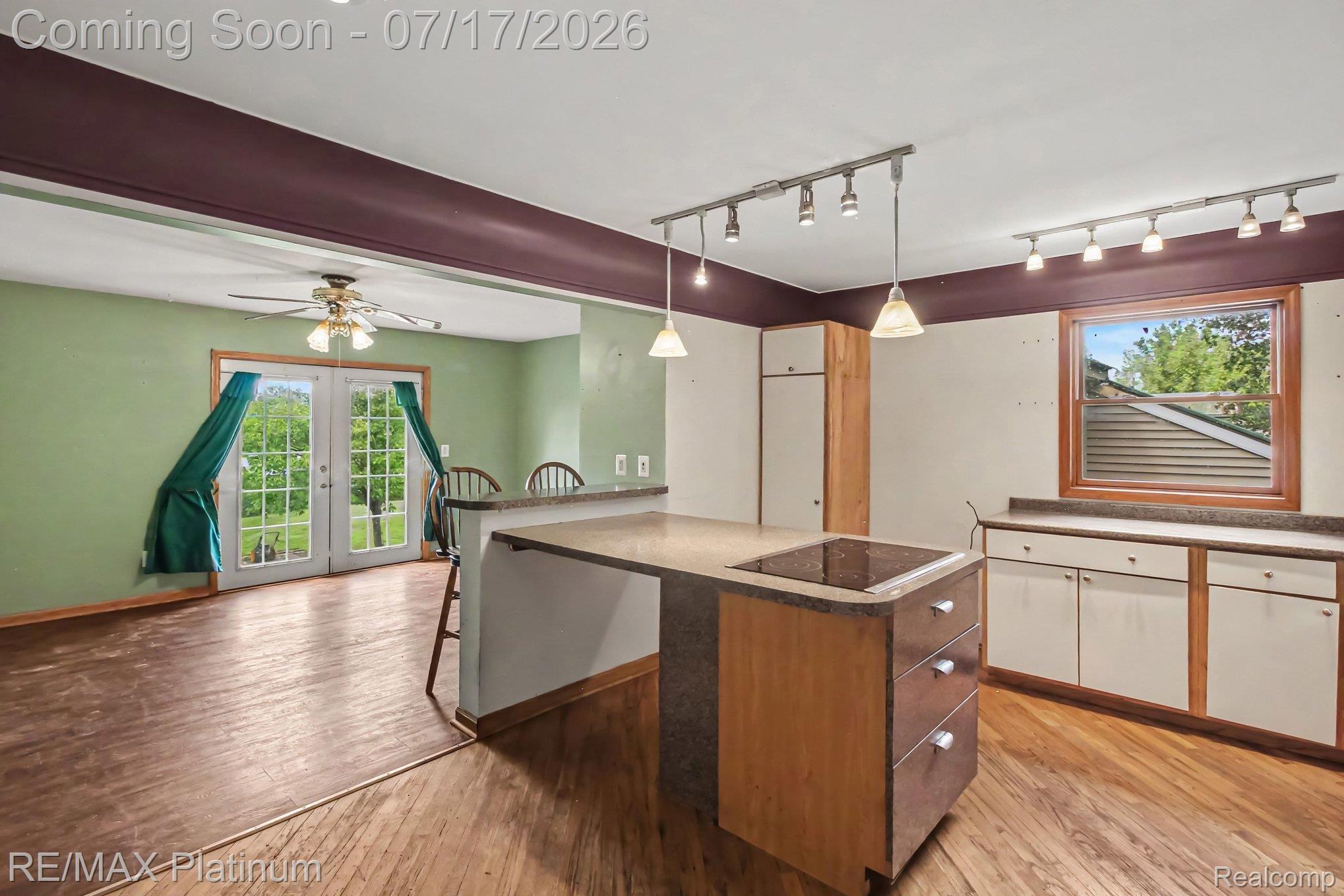 4205 Musson Road Howell, MI 48855 - Photo 10 of 23 Open-concept kitchen area featuring a central island with integrated sink, wood-finish flooring, and track lighting