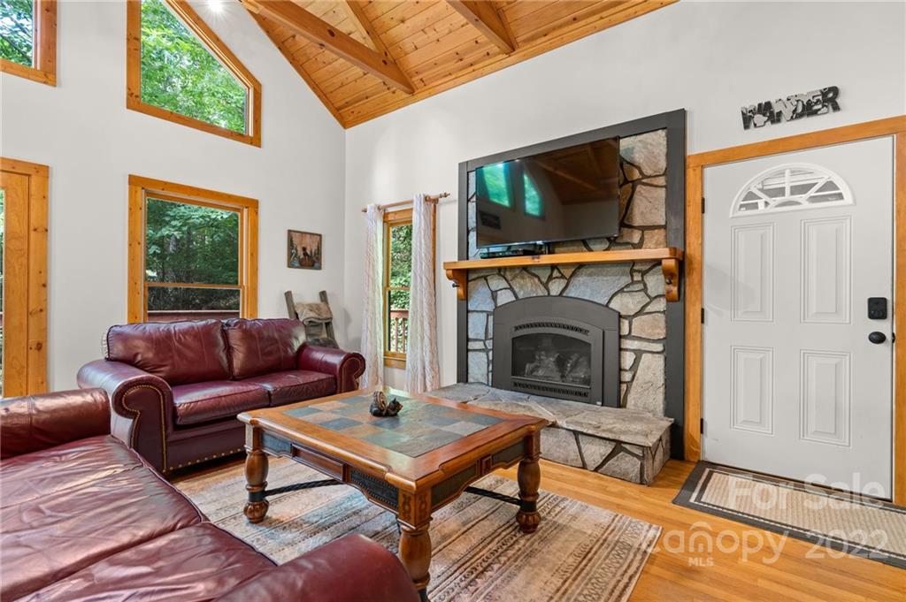 7 Twin Mountain View Road Canton, NC 28716 - Photo 10 of 36 a living room with furniture a flat screen tv and a fireplace