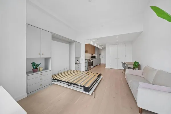 a living room with furniture a potted plant and a ceiling fan