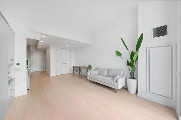 a living room with furniture and a kitchen area