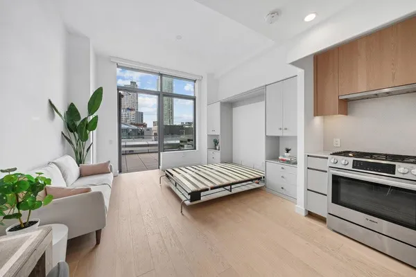 a living room with furniture and a potted plant