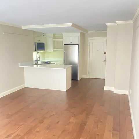 a view of a kitchen with kitchen island wooden floor and refrigerator