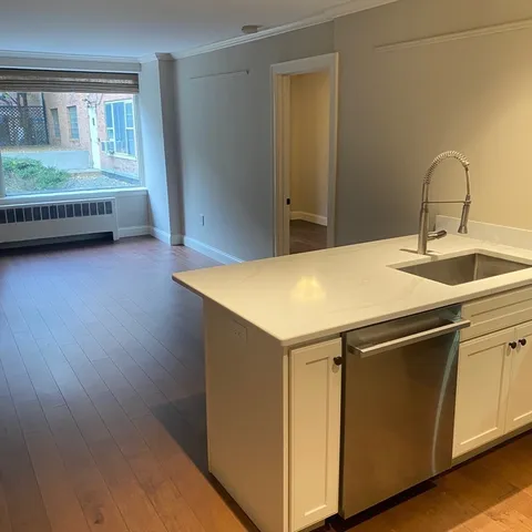 a kitchen with a sink cabinets and wooden floor
