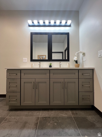 160 200 West Henefer, UT 84033 - Photo 14 of 25 Dual vanity with light gray shaker cabinetry, brushed nickel hardware, and a white countertop