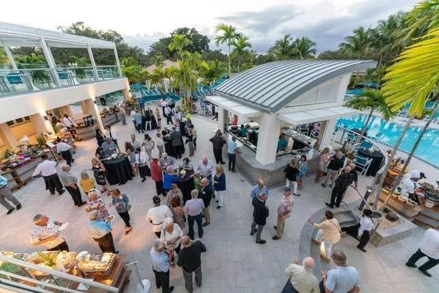 a view of a swimming pool with a garden
