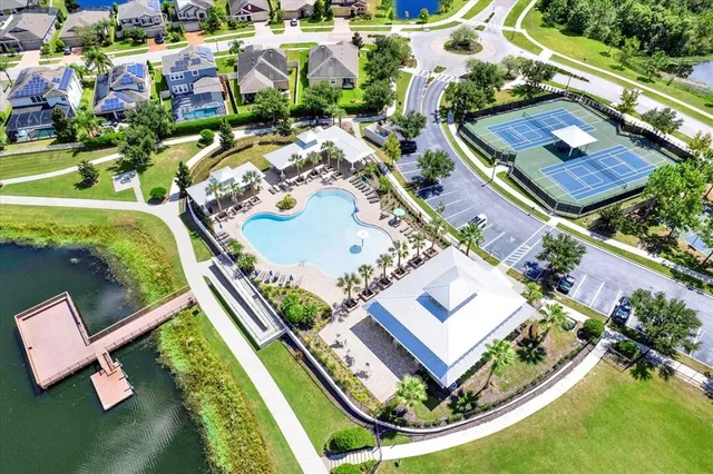 an aerial view of residential house with outdoor space and swimming pool