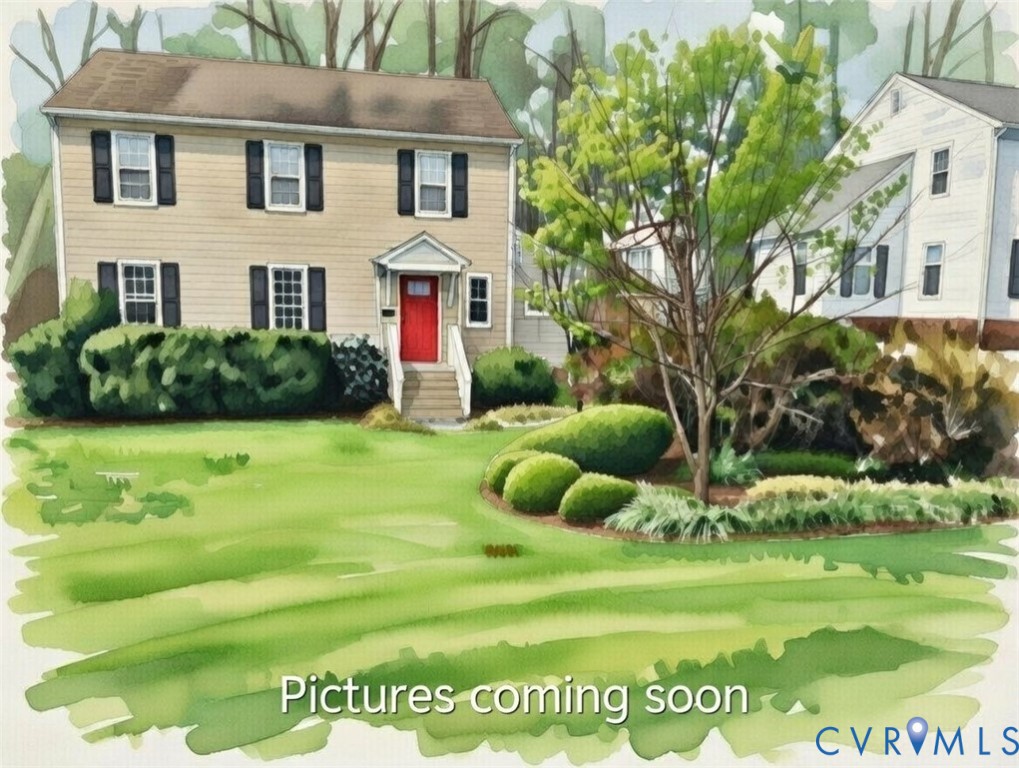 a view of a white house with a big yard and potted plants