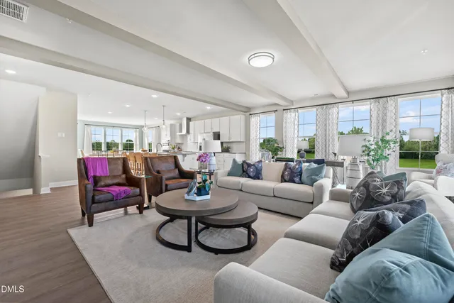 a living room with furniture potted plant and a large window