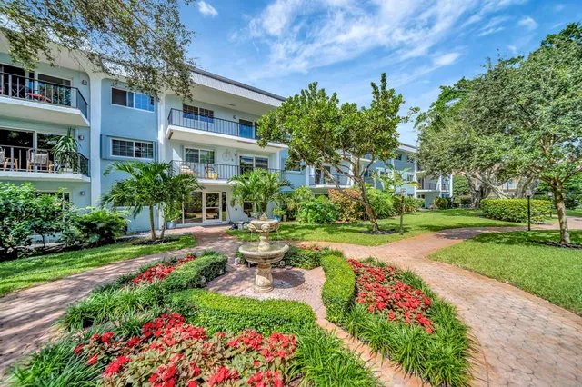 a view of a garden with plants and large trees