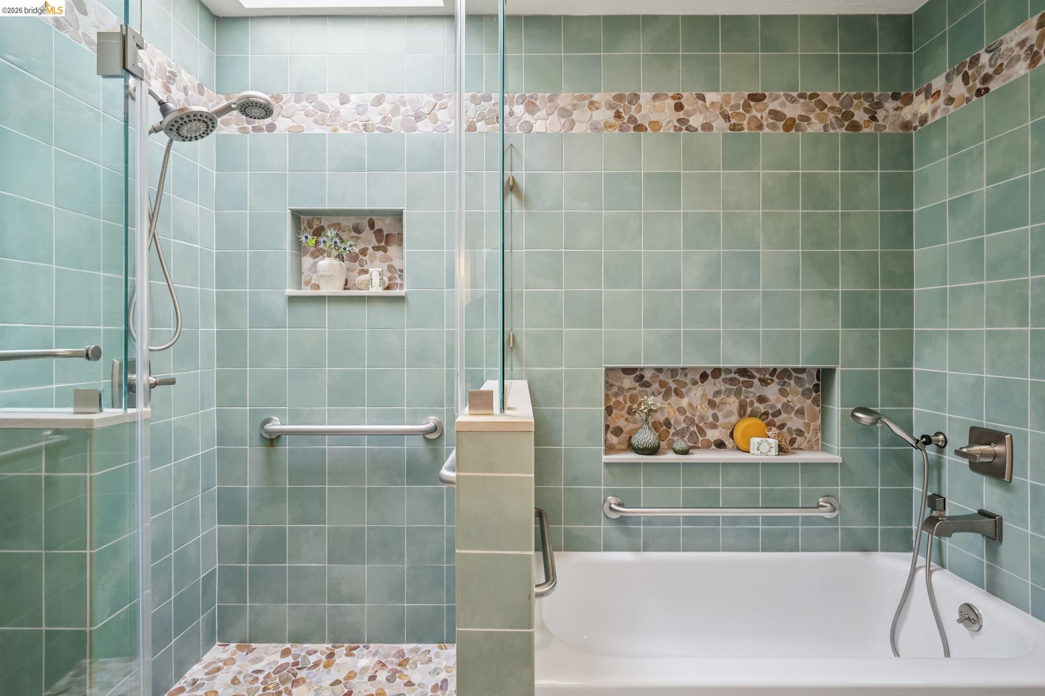 576 Vistamont Avenue Berkeley, CA 94708 - Photo 23 of 33 Shower and bathtub combination featuring square green wall tiling and decorative pebble tile accents